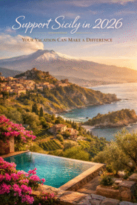 Golden sunset over Mount Etna and the Sicilian coastline near Taormina, with infinity pool, bougainvillea flowers, vineyards and Alcantara Valley landscape in eastern Sicily.