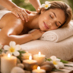 Peaceful woman enjoying a calming holistic spa treatment in a tranquil mountain retreat.