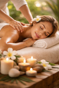 Peaceful woman enjoying a calming holistic spa treatment in a tranquil mountain retreat.