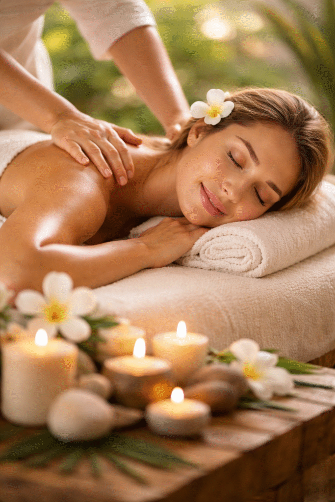 Peaceful woman enjoying a calming holistic spa treatment in a tranquil mountain retreat.