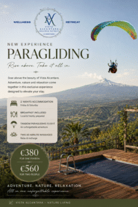 Paragliding in Sicily: Vista Alcantara's Experience poster featuring a tandem paraglider flying above the Alcantara Valley with Mount Etna in the background, luxury accommodation, breakfast, two massages, and a two-night wellness getaway in Sicily.
