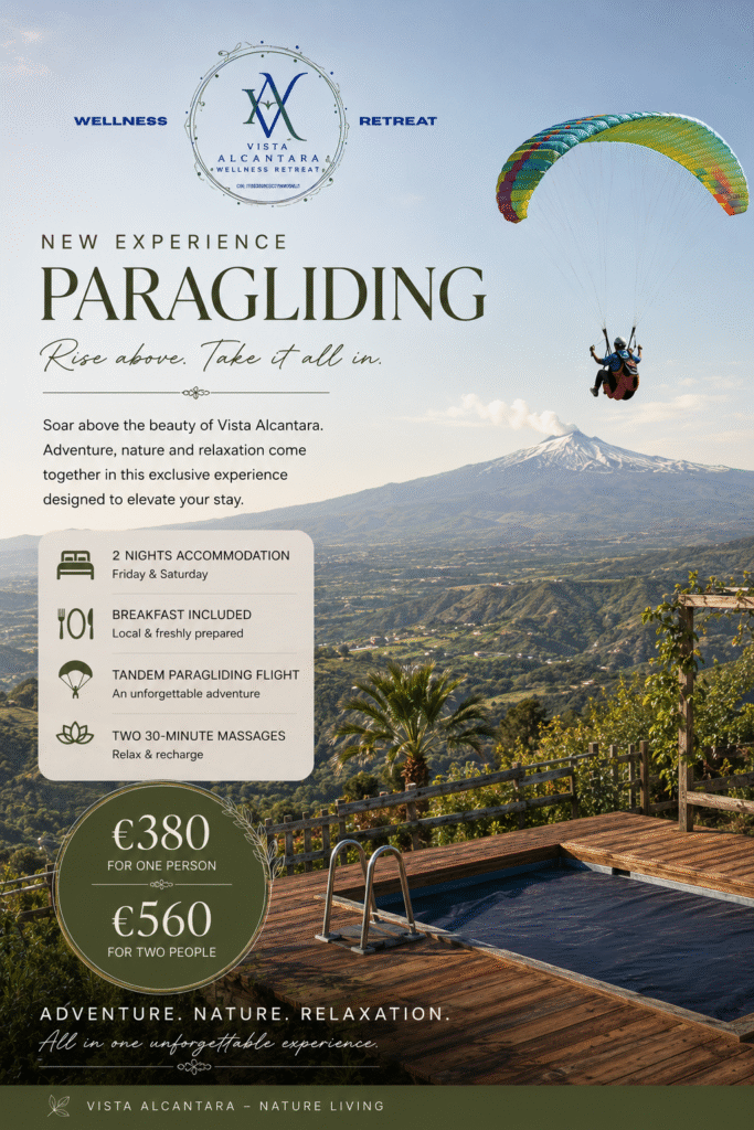 Paragliding in Sicily: Vista Alcantara's Experience poster featuring a tandem paraglider flying above the Alcantara Valley with Mount Etna in the background, luxury accommodation, breakfast, two massages, and a two-night wellness getaway in Sicily.