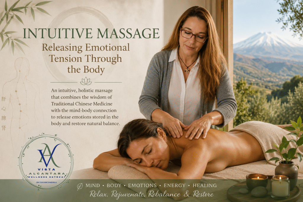 Venerina giving a client an intuitive massage in Sicily, at Vista Alcantara opposite Mount Etna