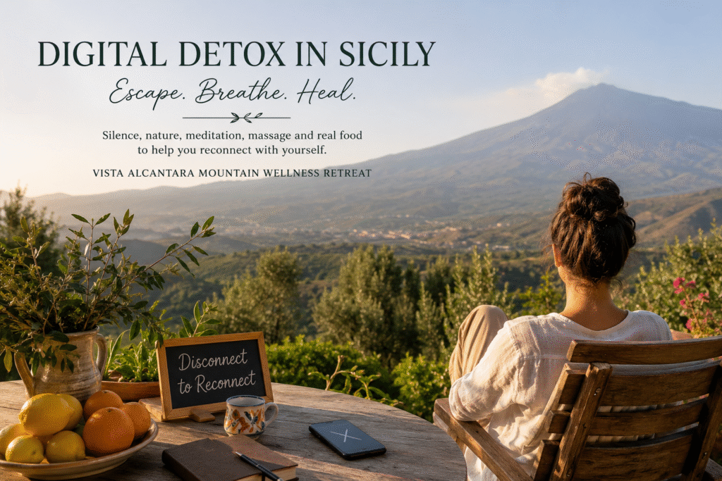 Panoramic mountain landscape at Vista Alcantara Mountain Wellness Retreat in Sicily, offering nature, silence, digital detox, massage and holistic healing with views of Mount Etna and the Alcantara Valley
