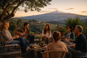 Guests enjoying authentic Sicilian hospitality at Vista Alcantara Mountain Wellness Retreat, sharing music, conversation and home-cooked food while overlooking Mount Etna and the Alcantara Valley.
