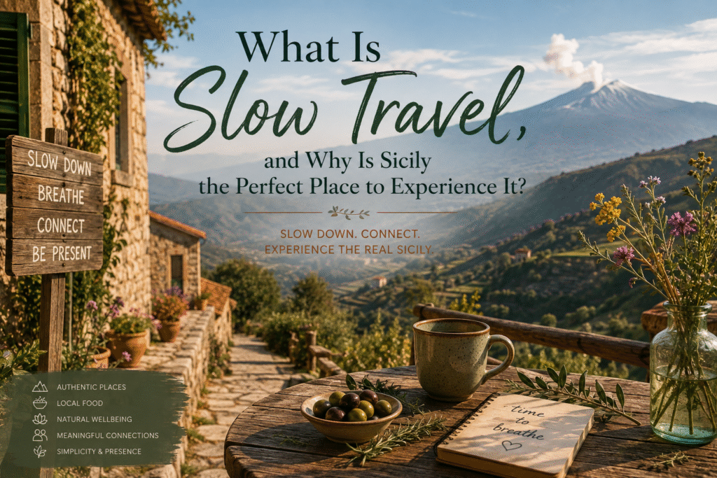 Slow travel in rural Sicily, with a peaceful mountain landscape, natural surroundings and panoramic views representing a slower, more authentic way to experience Sicily.