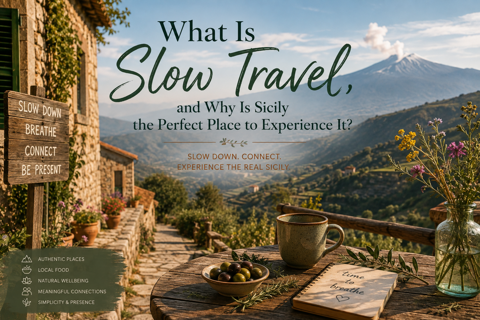 Slow travel in rural Sicily, with a peaceful mountain landscape, natural surroundings and panoramic views representing a slower, more authentic way to experience Sicily.