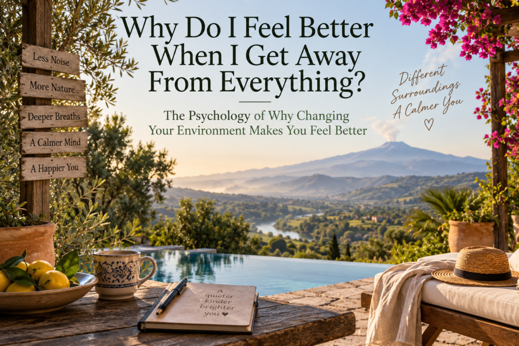 Sunlit wellness retreat terrace overlooking the lush Alcantara Valley and Mount Etna in Sicily, with a swimming pool, olive trees, flowers, and a peaceful outdoor setting.