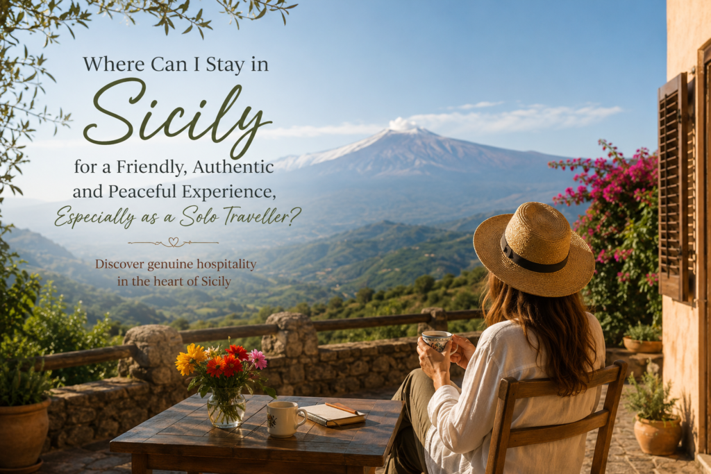 Solo female traveller relaxing on a peaceful Sicilian terrace with views of Mount Etna and the Alcantara Valley, representing a friendly and authentic stay at Vista Alcantara.