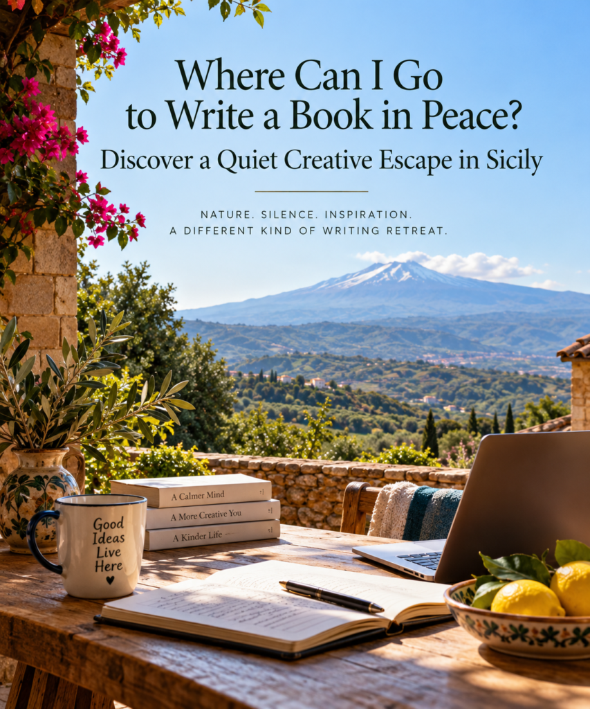 Writer's laptop and notebook on a peaceful Sicilian terrace overlooking the Alcantara Valley and Mount Etna, at a quiet creative escape in Sicily.