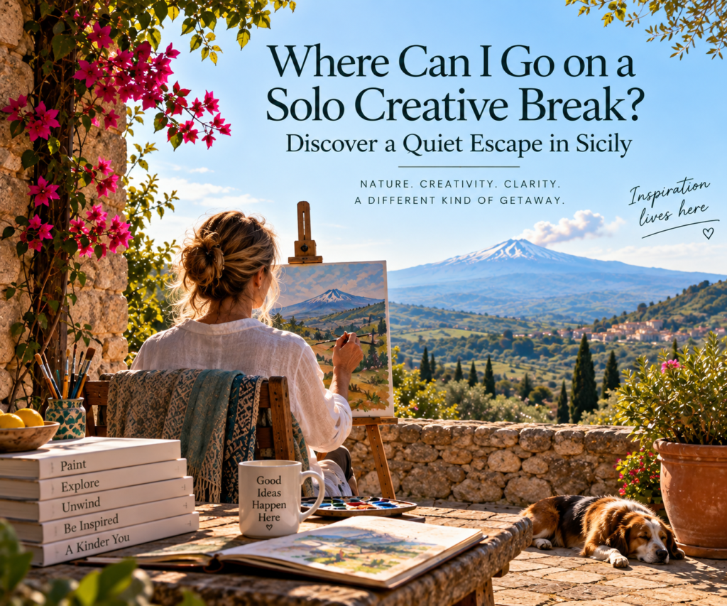 Woman painting the panoramic view of Mount Etna and the Alcantara Valley during a solo creative break in rural Sicily.