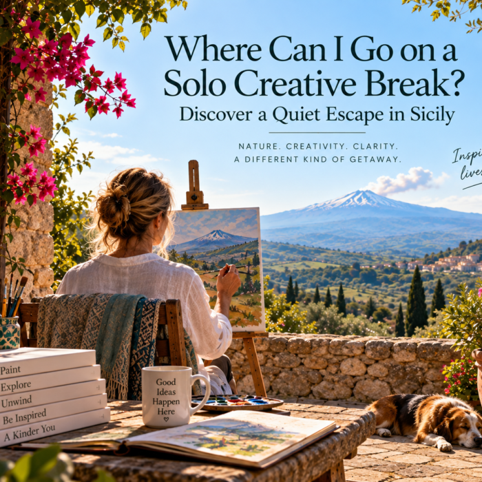 Woman painting the panoramic view of Mount Etna and the Alcantara Valley during a solo creative break in rural Sicily.