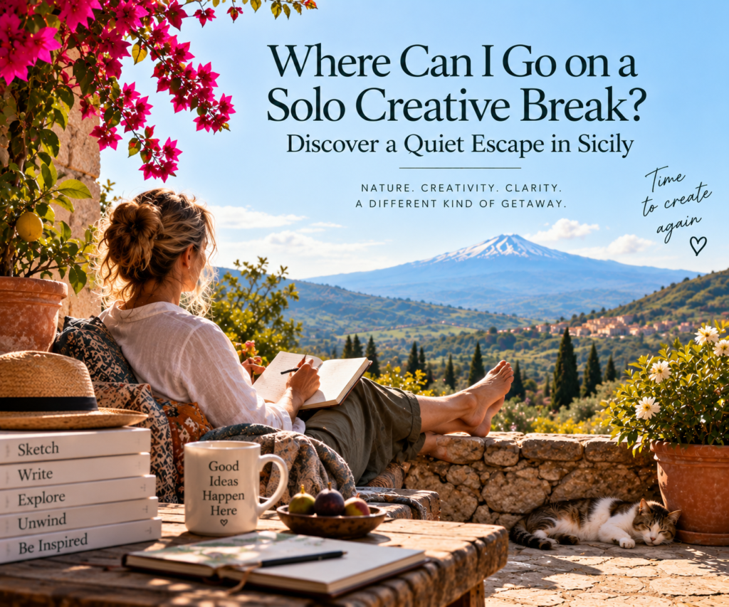 Woman enjoying a solo creative break in Sicily, writing in a journal on a peaceful terrace overlooking the Alcantara Valley and Mount Etna.