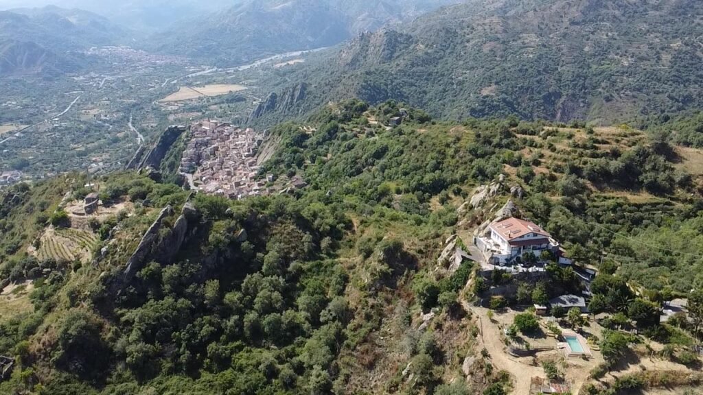 vista alcantara - view from a drone above Motta Camastra in Eastern Sicily